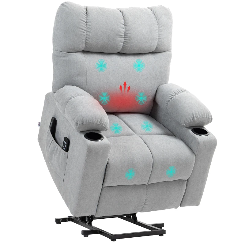 HOMCOM Fotoliu pentru seniori cu funcție de ridicare, funcție de culcare, incl. telecomandă, 144 cm x 91 cm x 88 cm, Gri deschis