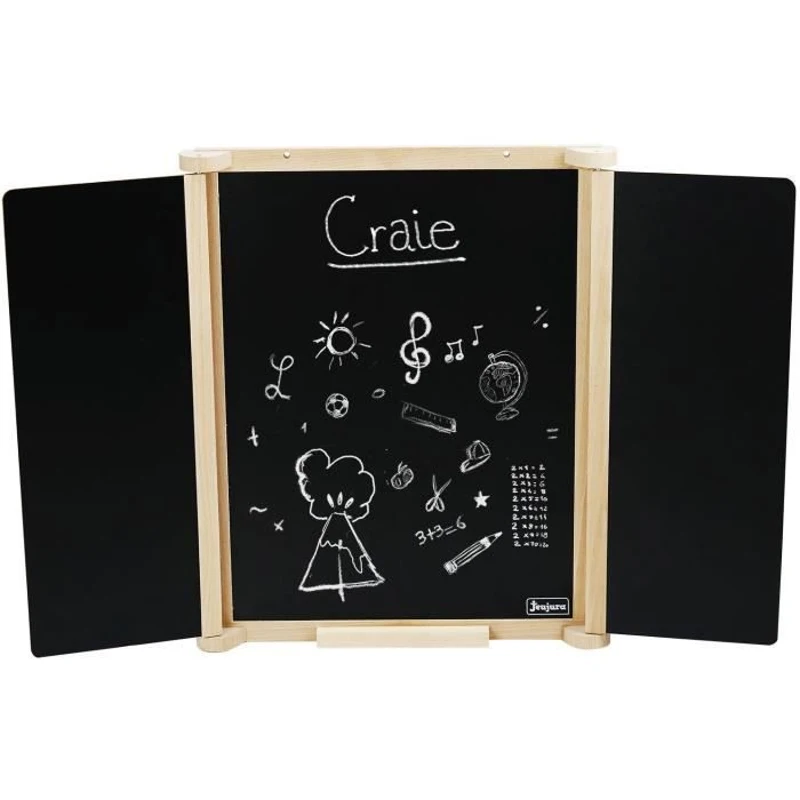 Tableau Triptyque Mural en Bois Naturel - JEUJURA - Ardoise Centrale et Volets Craie/Feutre, Accessoires Inclus, 82x56 cm