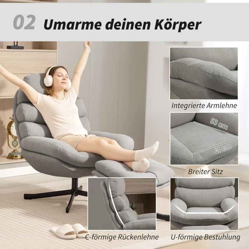 HOMCOM Fotel wypoczynkowy z podnóżkiem, fotel lounge z tkaniny chenille, nowoczesny fotel do oglądania TV, 78 x 93 x 100 cm, jasnoszary