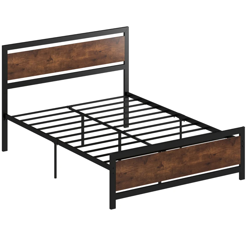 HOMCOM Steel double bed frame with headboard and slatted base, fits 190 x 140 cm mattress, rustic brown