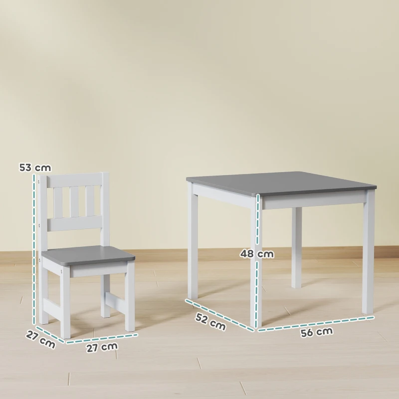 AIYAPLAY Set Tavolo e Sedie per Bambini da 3-8 Anni 3 pz in Legno con Bordi Arrotondati, Grigio e Bianco