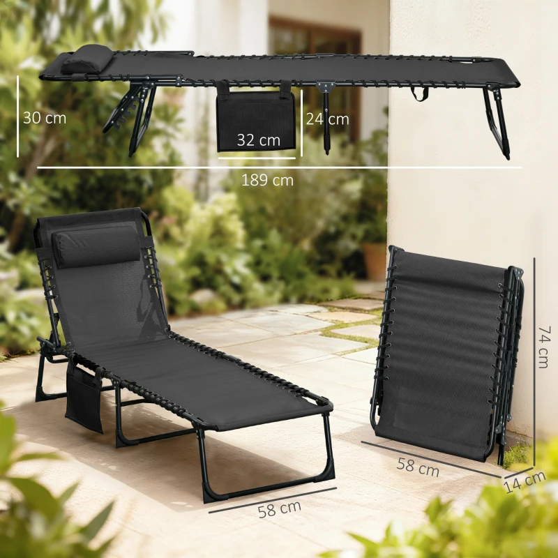 Outsunny Portable Sun Lounger, Folding Camping Bed Cot, Reclining Lounge Chair 5-position Adjustable Backrest with Side Pocket, Pillow for Patio Garden Beach Pool, Black