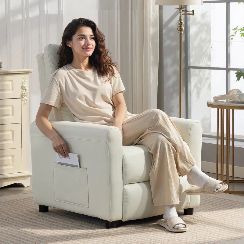 HOMCOM Poltrona Reclinabile 135° max in Tessuto Effetto Lino, Schiuma, Acciaio e Legno, 73x86x100 cm, Bianco Crema