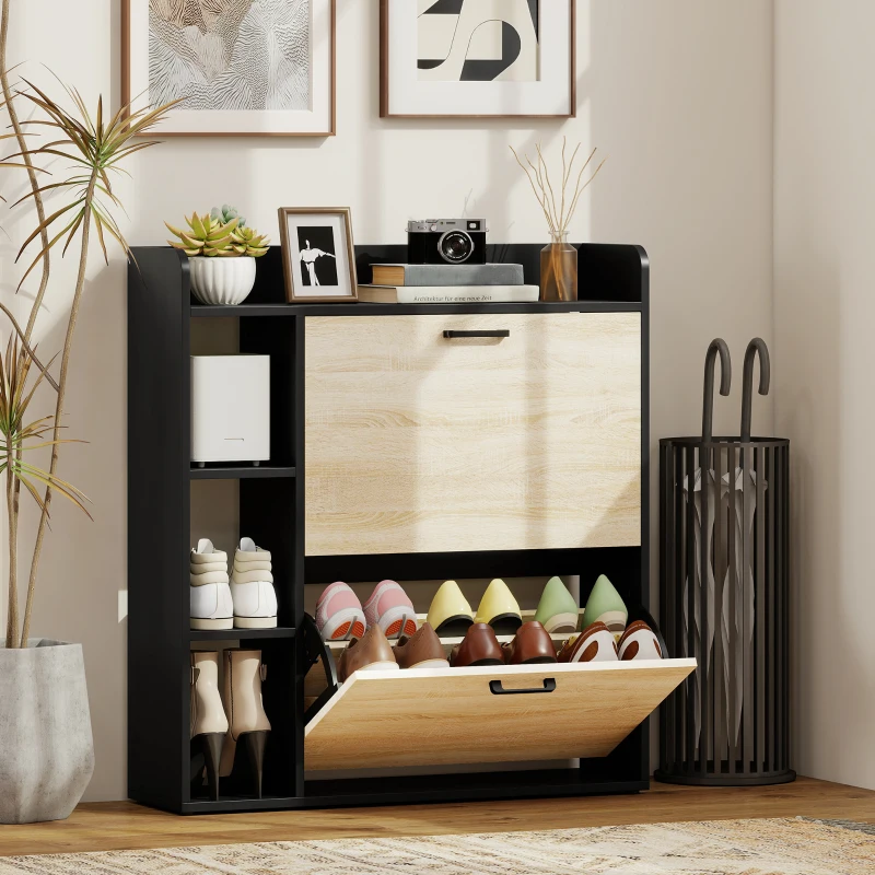 HOMCOM Scarpiera Slim con 2 Cassetti Ribaltabili e 3 Vani Aperti, Capacità 15 Scarpe, 83x24x90.5 cm, Nero