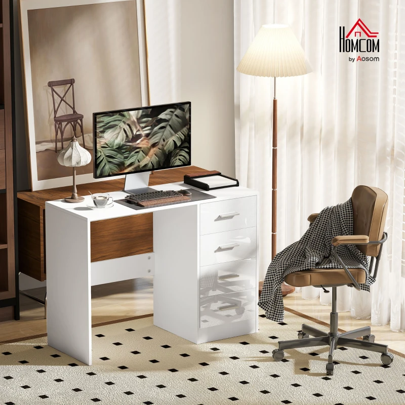 HOMCOM Computer Desk with Drawers, Dressing Table, High Gloss Home Office Writing Workstation, White
