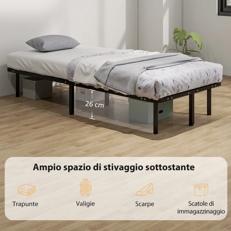 HOMCOM Struttura Letto Industriale a 28 Doghe con Spazio Contenitore, in Legno e Acciaio, 190x90x31 cm, Nero e Legno