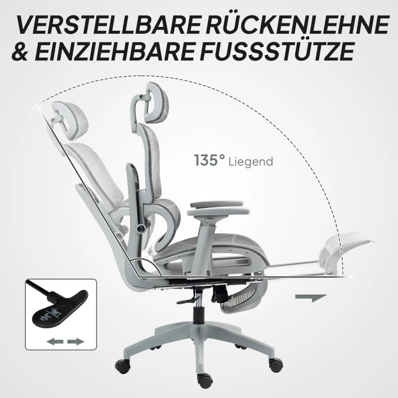 HOMCOM Bürostuhl, Ergonomischer Schreibtischstuhl mit Netzstoffbezug, verstellbar, rollbar, mit Armlehnen, Kopfstütze, Grau