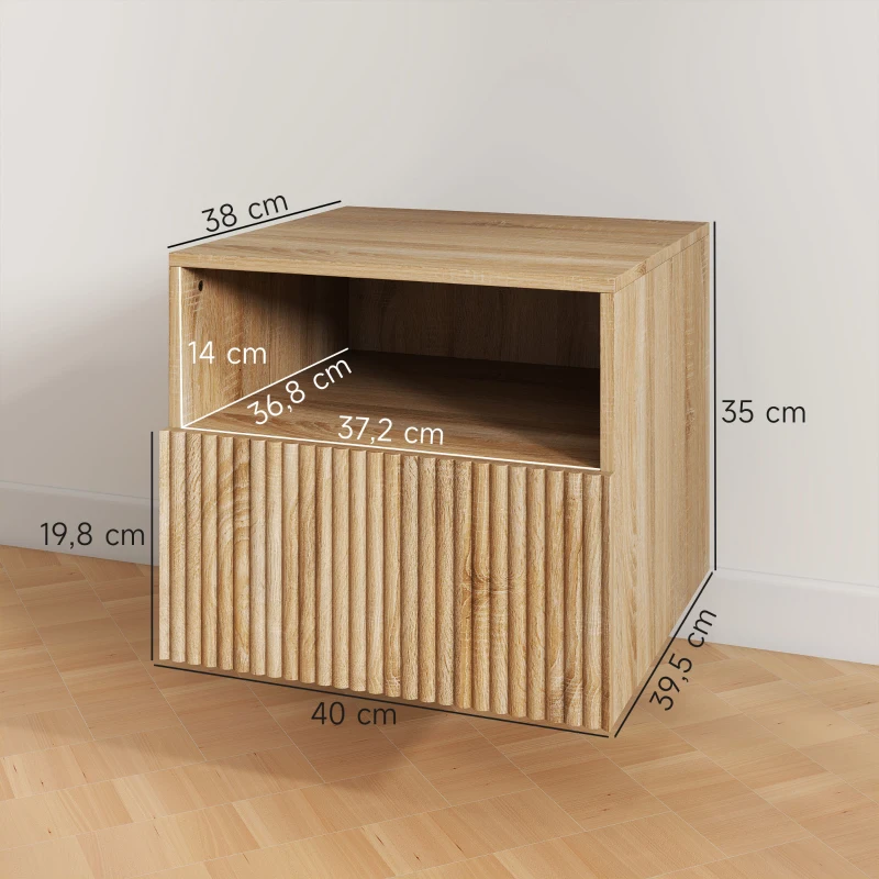 HOMCOM stolik nocny, bezuchwytowy design, otwarta półka, szuflada, montaż ścienny, jasnobrązowy