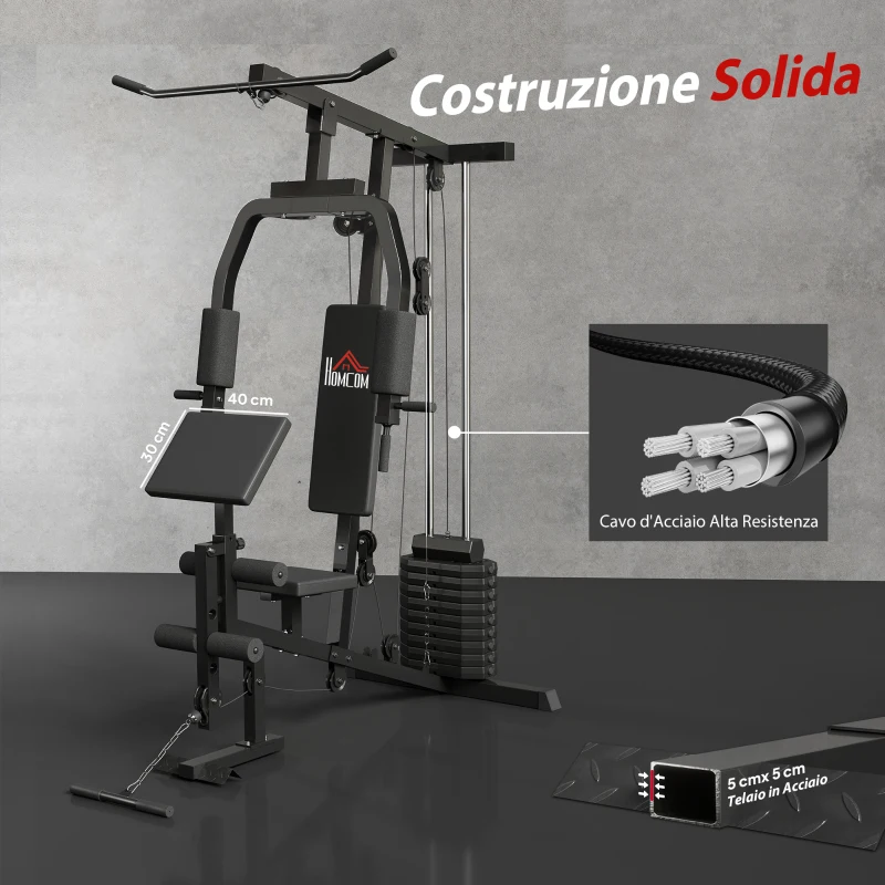 HOMCOM Stazione Fitness Multifunzione per Allenamento a Casa e Professionale in Acciaio, 148x108x207 cm, Nero