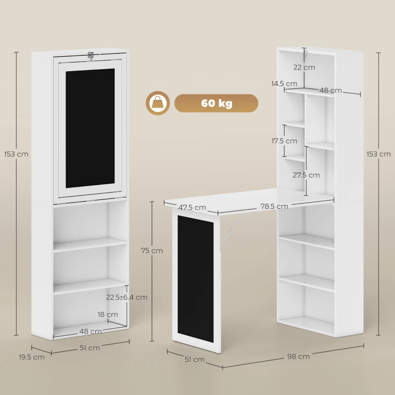 HOMCOM Fold-out Convertible Writing Desk Wall Mount Cabinet with Blackboard and Side Shelf Multi-Function Home Office Workstation, White