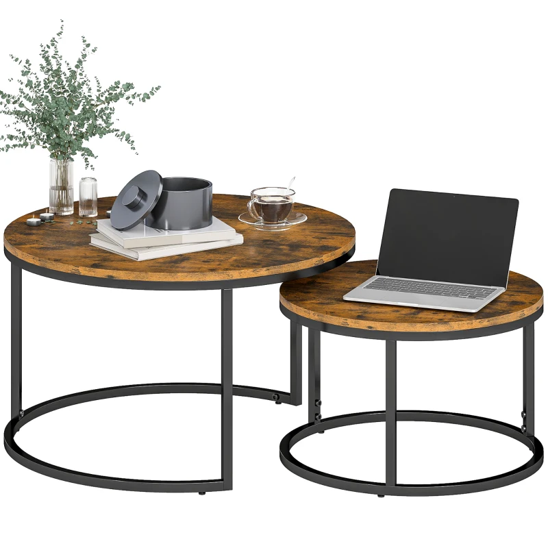 HOMCOM Set de 2 măsuțe nesting stivuibile design industrial blat cu aspect de ciment picioare din metal maro rustic
