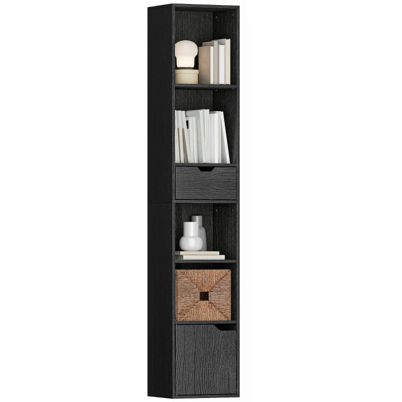 HOMCOM 6-Tier Bookcase, Tall Narrow Bookshelf with Drawer and Door - Black