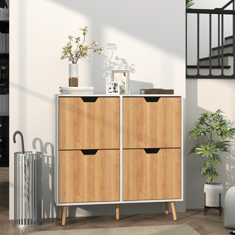 HOMCOM Dulap pentru pantofi 4 uși rabatabile 16 perechi cu etajeră reglabilă picioare din lemn de pin 95 x 26 x 95 cm natural