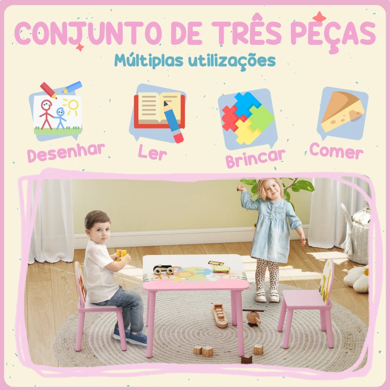 AIYAPLAY Mesa e Cadeiras para Crianças com Estampados de Animais para Meninos e Meninas de 3-8 Anos para Casa Escola Infantil Rosa