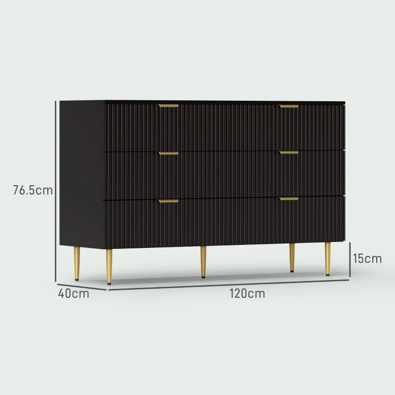 HOMCOM Comodă 6 sertare comodă dormitor mobilier de depozitare modern cu mânere și picioare aurii, 120 x 40 x 76,5 cm, negru