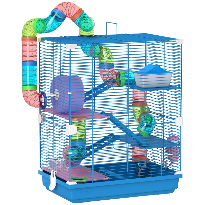 PawHut 5 Tier Hamster Cage Carrier Habitat w/ Exercise Wheels, Tunnel, Blue