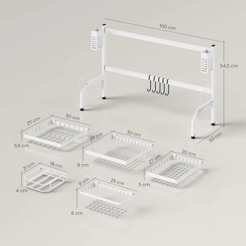 HOMCOM Scurgător din oțel cu 2 niveluri pentru chiuvetă, cu suport pentru tocător și tacâmuri, 100x30x54,5cm, alb