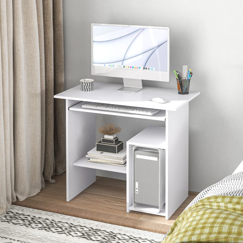 HOMCOM Compact Small Computer Table Wooden Desk Keyboard Tray Storage Shelf Modern Corner Table Home Office White