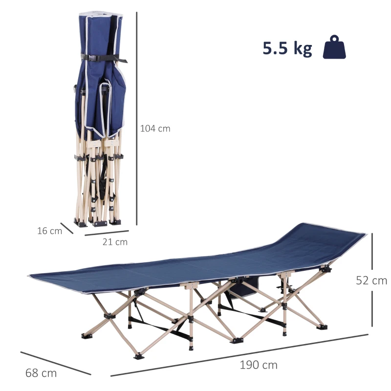 Outsunny Single Person Camping Bed Folding Cot Outdoor Patio Portable Military Sleeping Bed Travel Guest Leisure Fishing with Side Pocket and Carry Bag - Blue
