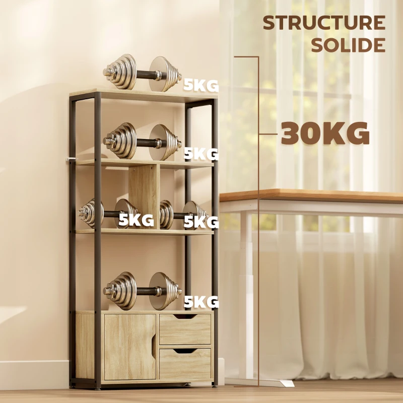 HOMCOM Bibliothèque style industriel 3 étagères placard porte 2 tiroirs 58 x 24 x 122 cm effet bois naturel acier noir