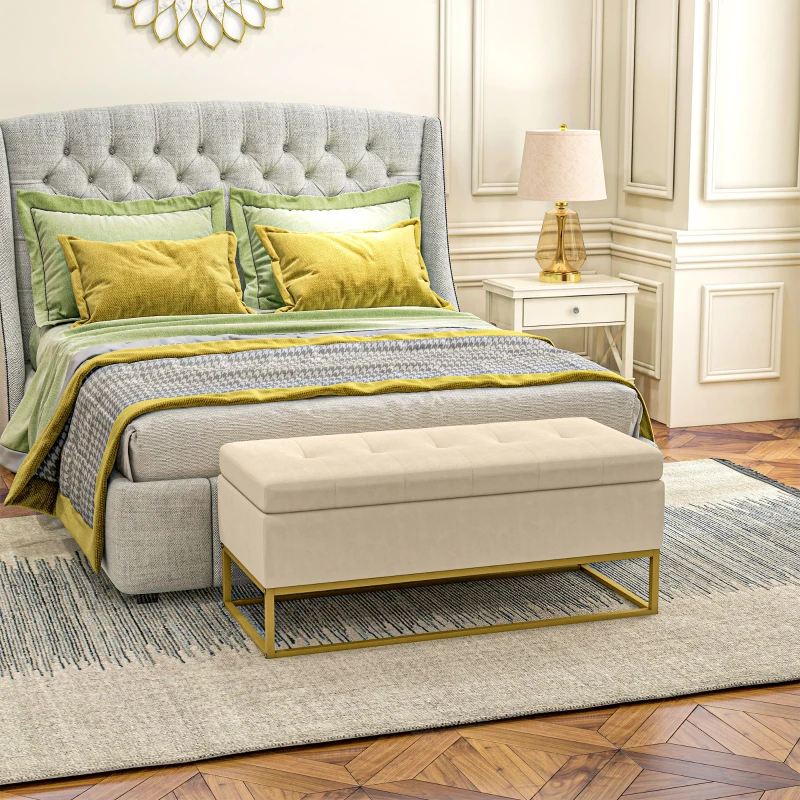 HOMCOM Panca Contenitore Rettangolare con Seduta Imbottita e Gambe in Acciaio, 110x44x49 cm, Beige