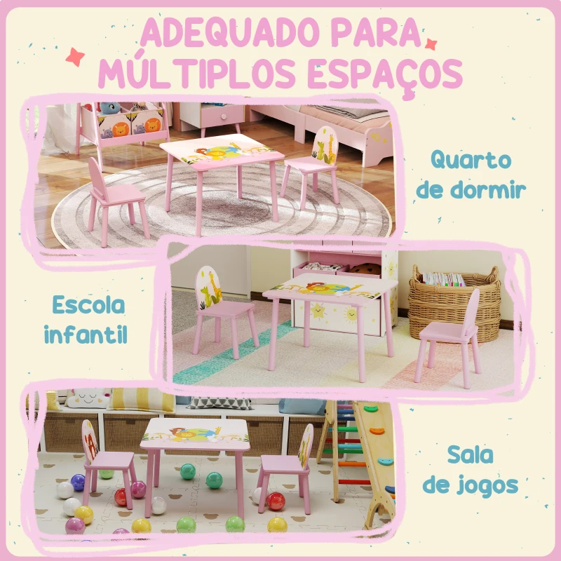 AIYAPLAY Mesa e Cadeiras para Crianças com Estampados de Animais para Meninos e Meninas de 3-8 Anos para Casa Escola Infantil Rosa