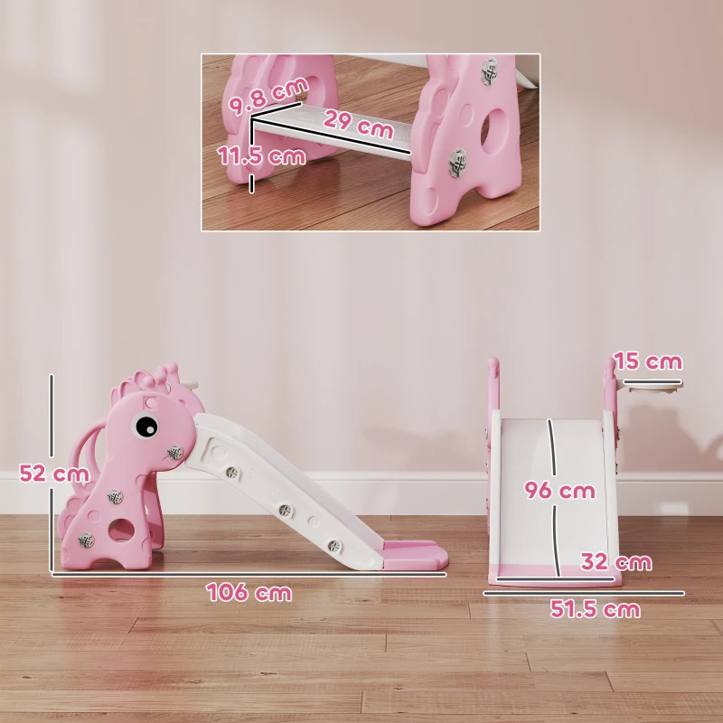 AIYAPLAY Tobogan pentru copii 3 în 1 în formă de girafă cu coș de baschet, cățărare și minge, 106 x 51,5 x 52 cm, roz