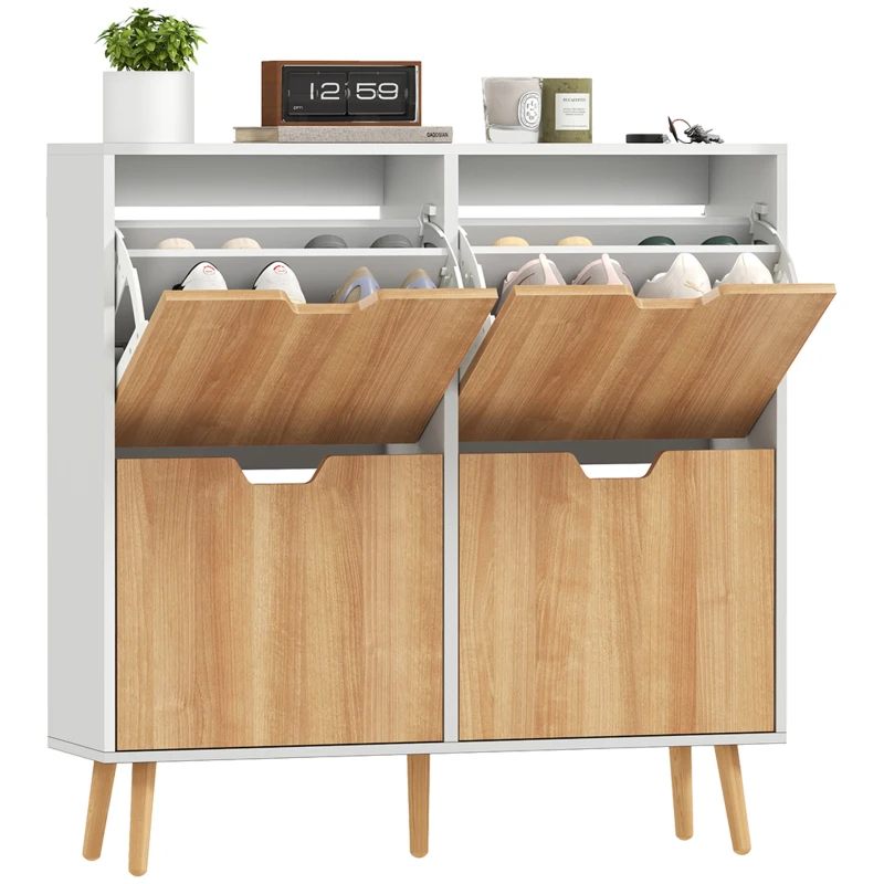 HOMCOM Dulap pentru pantofi 4 uși rabatabile 16 perechi cu etajeră reglabilă picioare din lemn de pin 95 x 26 x 95 cm natural