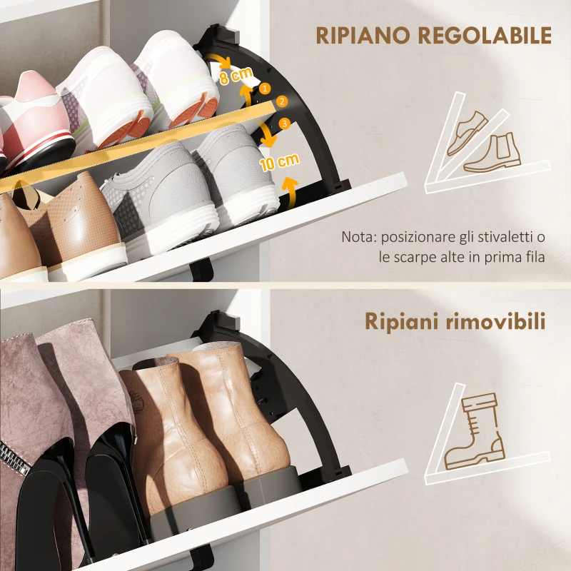 HOMCOM Scarpiera Slim con 2 Cassetti Ribaltabili e 3 Vani Aperti, Capacità 15 Scarpe, 83x24x90.5 cm, Bianco