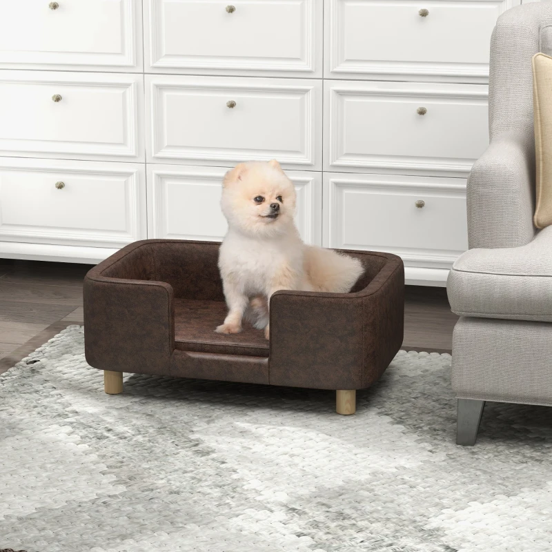 PawHut Canapé chien lit pour chien chat avec rebord coussin moelleux pieds bois massif dim. 74 x 48,5 x 31 cm revêtement micro-fibre chocolat