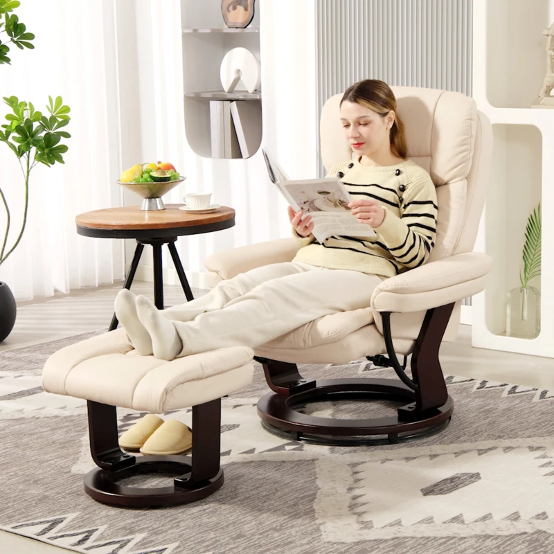 HOMCOM Fauteuil salon avec repose-pieds, chaise pivotante en PU, dossier inclinable, assise rembourrée, 86 x 83 x 107 cm, crème