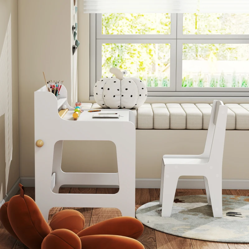 AIYAPLAY Birou pentru copii cu scaun, masă pentru copii și scaun cu 2 sertare din material textil și suport pentru pahare, 62,8x55,6x73,8cm, alb