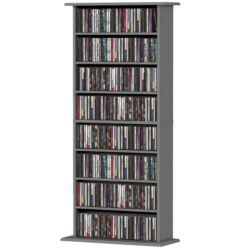 HOMCOM Depozitare pentru CD și DVD cu 8 compartimente și 6 polițe reglabile, capacitate max. 360 CD/185 DVD și Blu-ray, gri