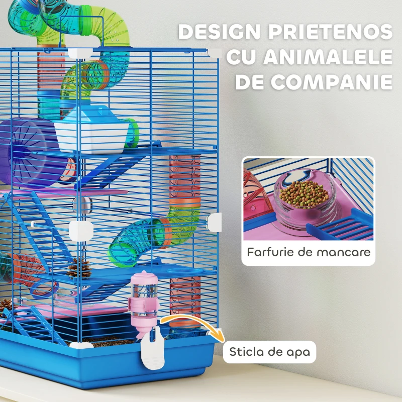 PawHut Cușcă pentru Hamsteri pe 5 Nivele cu Tuburi și Roată din Metal și Plastic Albastru