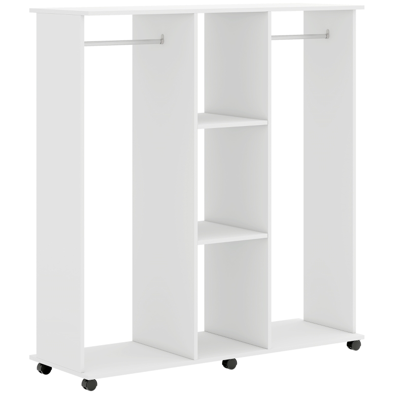 HOMCOM Dulap-penderie mobilier de depozitare mobil 6 roți 120 x 40 x 128 cm din lemn alb