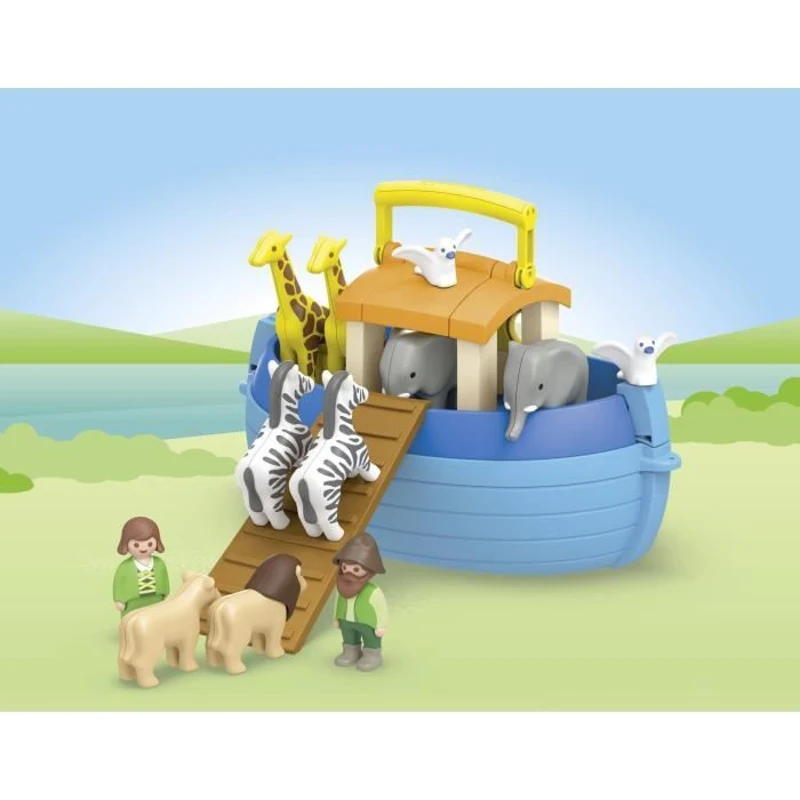 PLAYMOBIL Junior 71681 Arche de Noé transportable, 15 pieces, Comprend un bateau flottant et animaux, Des 1 an