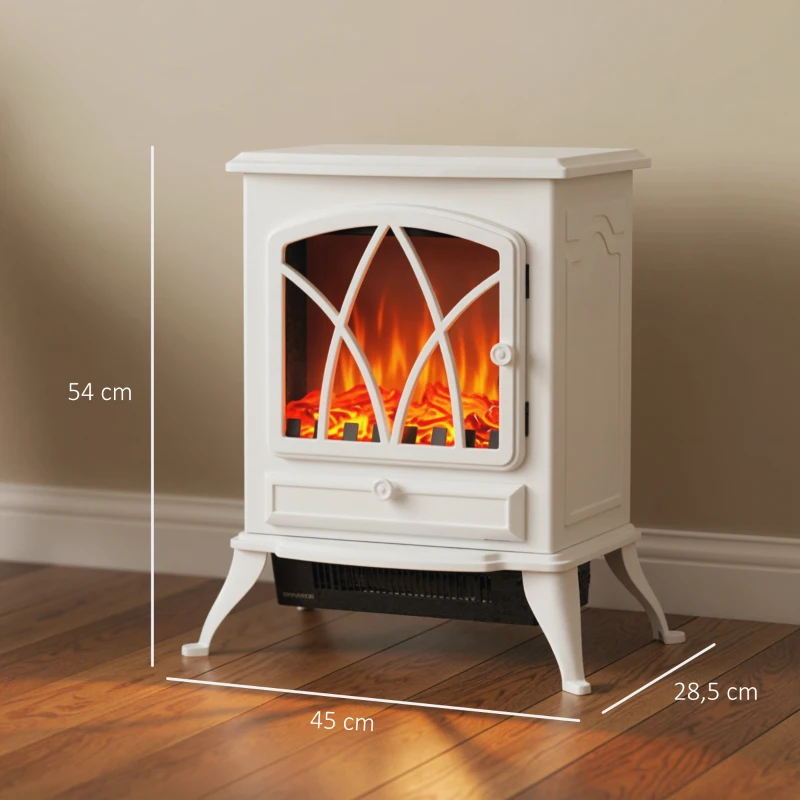 HOMCOM Lareira Elétrica Portátil Lareira Elétrica com Efeito de Chama Realista Potência 1000W/2000W 45x28,5x54 cm Branco