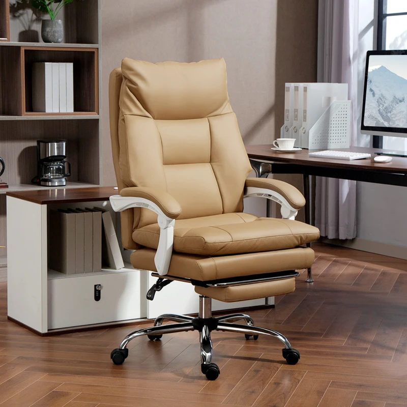 HOMCOM Ergonomische Bureaustoel met Lendensteun, Opvouwbare Armleuning, Voetsteun Lichtbruin(m-10)