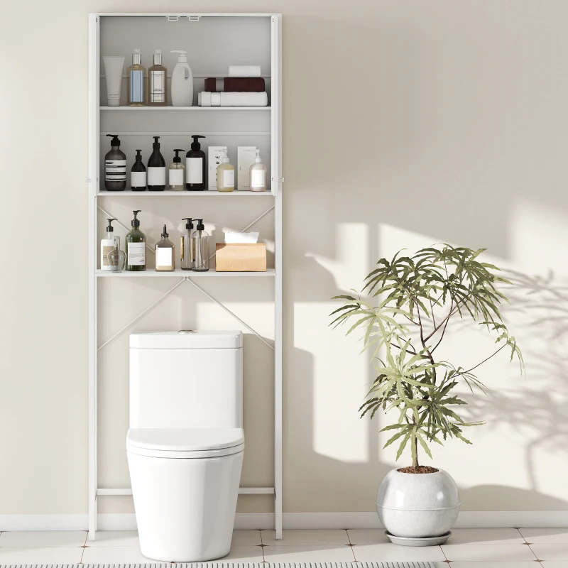 HOMCOM Mobile Bagno Sopra WC e Lavatrice con Armadietto e Ripiano Aperto, 64x20x180 cm, Bianco