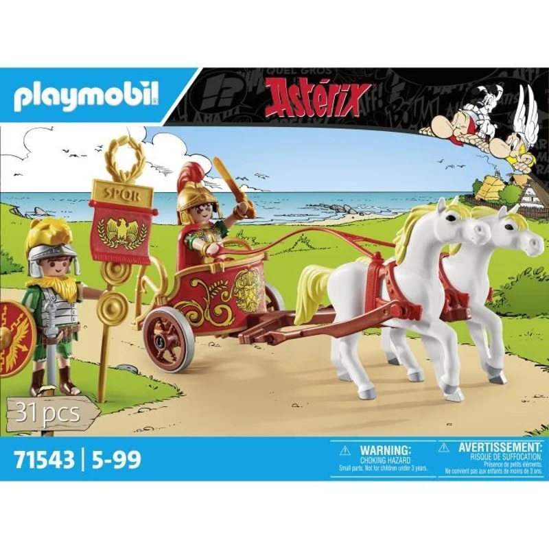 PLAYMOBIL 71543 Char romain et chevaux, Astérix, Personnage de la BD, Avec 2 personnages dont Brutus, 31 pieces, Des 5 ans