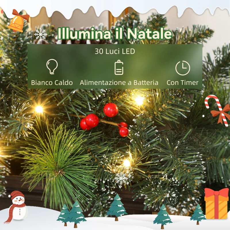 HOMCOM Ghirlanda Natalizia 180 cm con Rami Innevati e 30 Luci Bianche, Pigne e Bacche per Interni