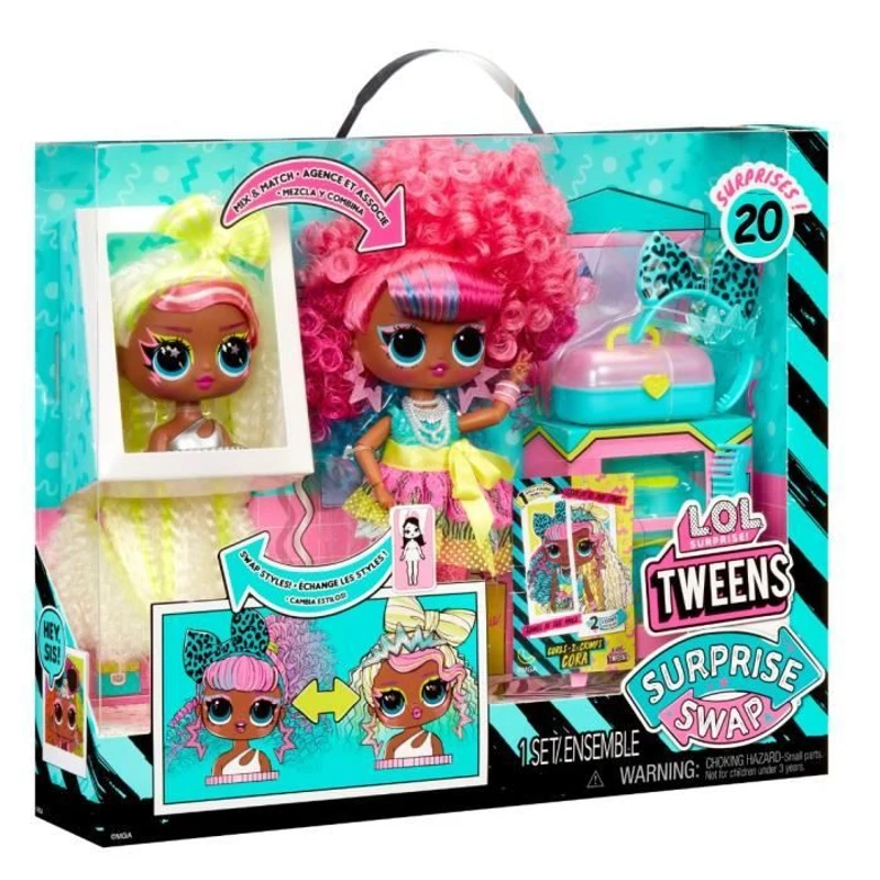 L.O.L. Surprise Tweens Surprise Swap Fashion Doll - Curls-2- Crimps Cora - 1 poupée Tweens 17cm, 1 mini tete a coiffer et des