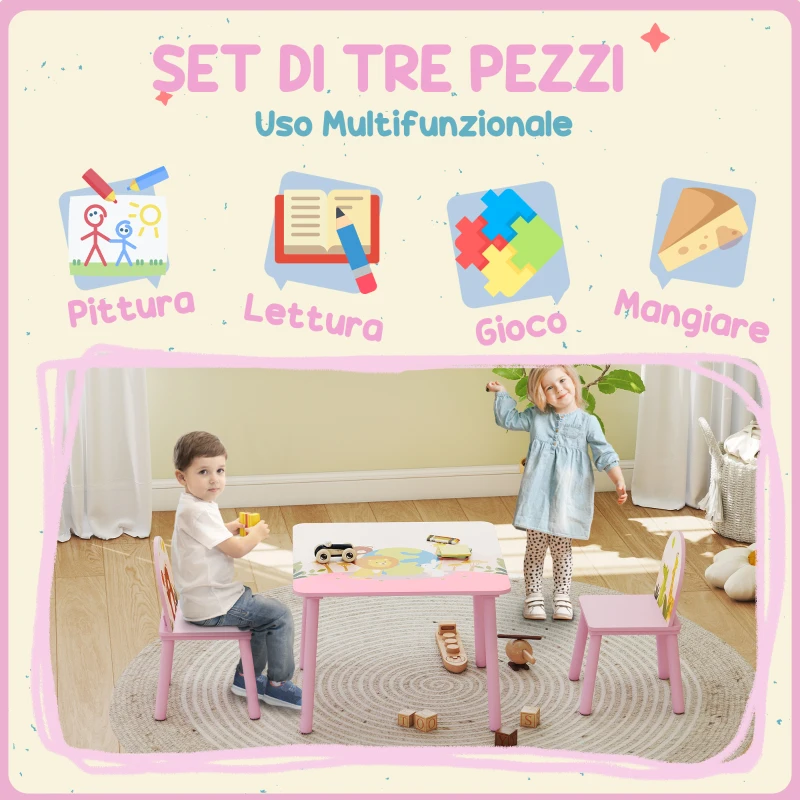 AIYAPLAY Set Tavolo e Sedie per Bambini 3-8 Anni con Motivi Animali e Bordi Arrotondati, in MDF e Legno di Pino Rosa