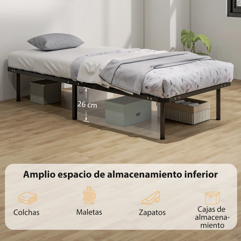 HOMCOM Estructura de Cama 90x190 cm con Marco de Acero Láminas de Álamo y Espacio de Almacenamiento Carga 350 kg Negro