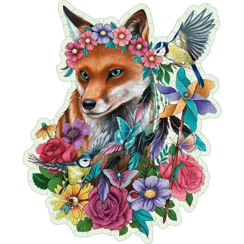 Puzzle en bois Renard coloré 150 pieces robustes et naturelles dont 15 figurines en bois (whimsies), Qualité premium - Pour enfants