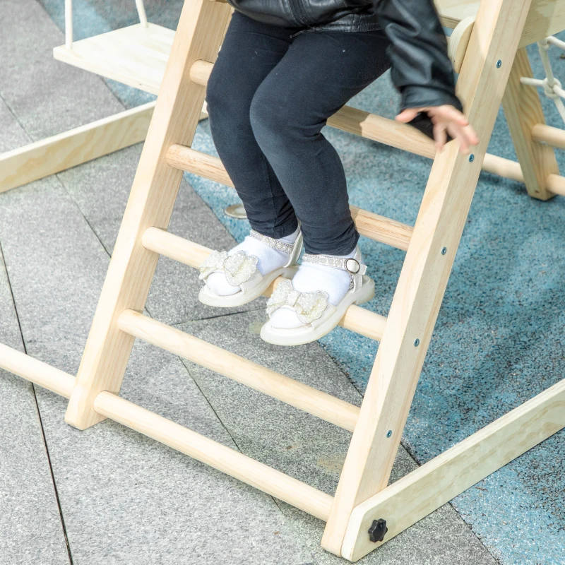AIYAPLAY Tobogán Infantil 5 en 1 Estructura de Escalada con Tobogán Columpio Aro de Baloncesto Tabla Red de Escalada Natural