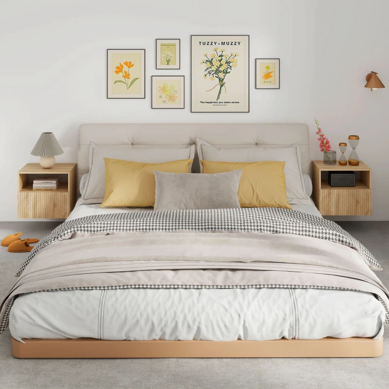 HOMCOM stolik nocny, bezuchwytowy design, otwarta półka, szuflada, montaż ścienny, jasnobrązowy