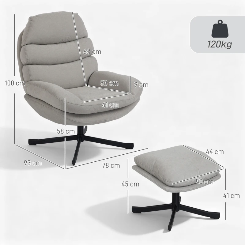 HOMCOM Fotel wypoczynkowy z podnóżkiem, fotel lounge z tkaniny chenille, nowoczesny fotel do oglądania TV, 78 x 93 x 100 cm, jasnoszary