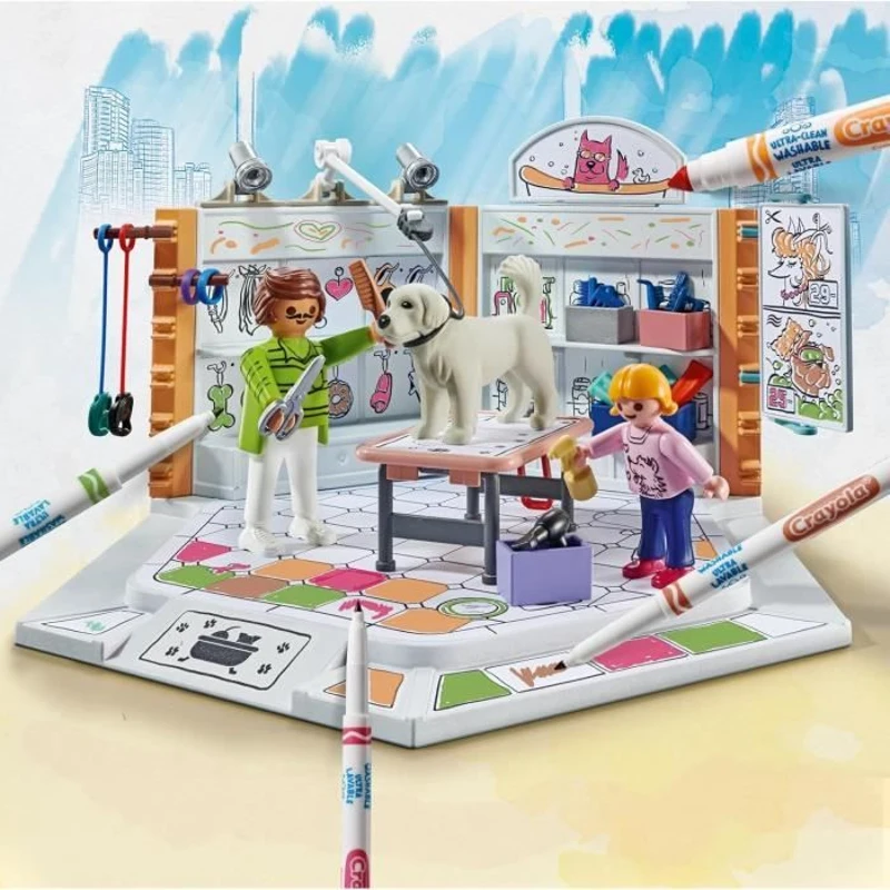 PLAYMOBIL Color 71514 Salon de toilettage, Crayons Crayola pour dessiner sur les personnages, 61 pieces, Des 5 ans