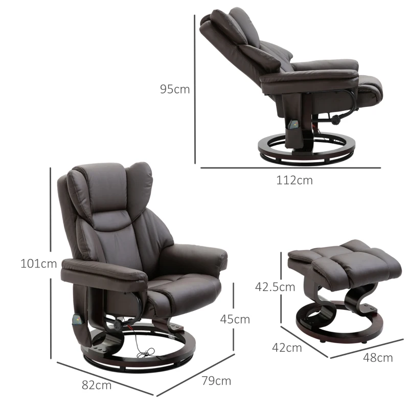 HOMCOM fotoliu relax cu taburet, fotoliu TV rotativ 360° cu masaj, funcție șezlong, fotoliu cu masaj și buzunar lateral, fotoliu recliner, piele ecologică pentru living maro